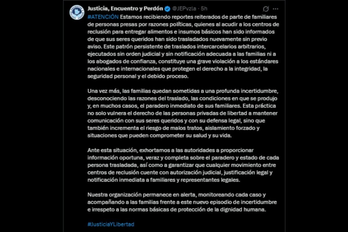 JEP alertó sobre traslados “arbitrarios” de varios presos políticos