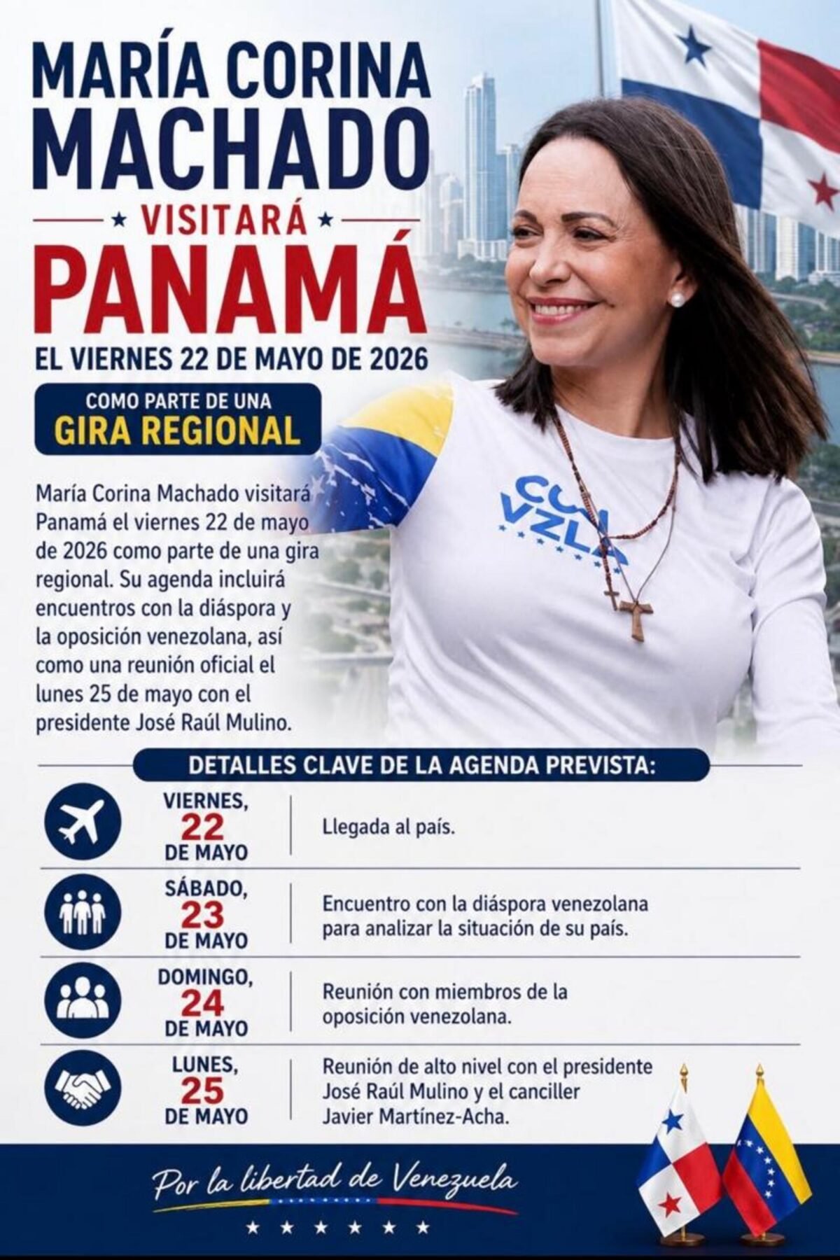 María Corina Machado visitará Panamá para reunirse con migrantes venezolanos y el presidente Mulino